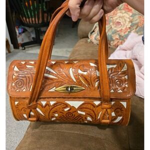 Vintage Hand‎ Tooled Mexican Leather Purse Aztec Calendar Satchel Barrel Bag